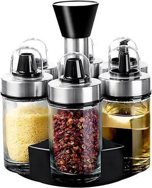 Oil and Vinegar Dispenser Set of 6 Bottles, Stainless Steel Salt Pepper Holder with 360° Rotating Holder, Cruet Soy Sauce - Premium Glass Condiment for Kitchen, Tabletop, Kitchen Containers Oil and Vinegar Dispenser Set of 6 Bottles, Stainless Steel Salt Pepper Holder with 360° Rotating Holder, Cruet Soy Sauce - Premium Glass Condiment for Kitchen, Tabletop, Kitchen Containers
