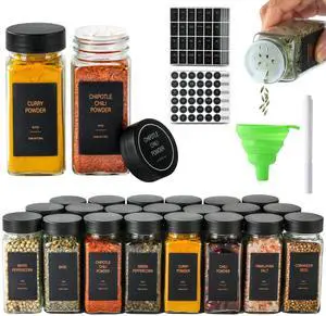 Spice Jars with Label4oz Glass Spice Bottles With Shaker LidsSeasoning Containers with Funnel, Chalk Pen for CabinetDrawerRack (Black, 36) Spice Jars with Label4oz Glass Spice Bottles With Shaker LidsSeasoning Containers with Funnel, Chalk Pen for CabinetDrawerRack (Black, 36)