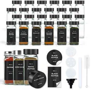 Spice Jars with Label, 24pcs 4oz Glass Spice Jars with Black Lids, Square Spice Containers with 304 Labels and Shaker Inserts, Empty Seasoning Bottles for Drawer, Cabinet, Seasoning Organizer Spice Jars with Label, 24pcs 4oz Glass Spice Jars with Black Lids, Square Spice Containers with 304 Labels and Shaker Inserts, Empty Seasoning Bottles for Drawer, Cabinet, Seasoning Organizer