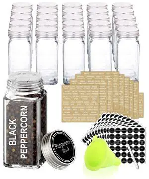 25 Glass Spice Jars with 703 Spice Labels, Chalk Marker and Funnel Complete Set. 25 Square Glass Jars 4OZ, Airtight Cap, Pour/sift Shaker Lid 25 Glass Spice Jars with 703 Spice Labels, Chalk Marker and Funnel Complete Set. 25 Square Glass Jars 4OZ, Airtight Cap, Pour/sift Shaker Lid