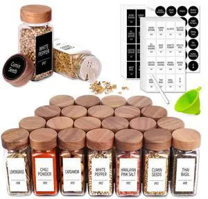 24 Spice Jars with 547 Labels - Glass Spice Jars with Shaker Lids - 4 Oz Square Spice Containers with Acacia Wood Lids, Chalk Pen, Funnel- Seasoning Jars for Spice Rack, Cabinet, or Drawer 24 Spice Jars with 547 Labels - Glass Spice Jars with Shaker Lids - 4 Oz Square Spice Containers with Acacia Wood Lids, Chalk Pen, Funnel- Seasoning Jars for Spice Rack, Cabinet, or Drawer