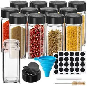 12 Pack Glass Spice Jars with Labels, 4oz Spices Containers Spice Jars with Black Shaker Lids, Empty Containers for Spice, Silicone Funnel and Pen Included 12 Pack Glass Spice Jars with Labels, 4oz Spices Containers Spice Jars with Black Shaker Lids, Empty Containers for Spice, Silicone Funnel and Pen Included