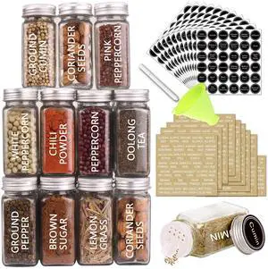 36 Glass Spice Jars with 703 Spice Labels, Empty Square Spice Bottles 4 oz with Pour/Sift Shaker Lid, Airtight Cap, Chalk Marker and Funnel Complete Set 36 Glass Spice Jars with 703 Spice Labels, Empty Square Spice Bottles 4 oz with Pour/Sift Shaker Lid, Airtight Cap, Chalk Marker and Funnel Complete Set