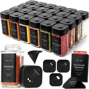 Square Glass Spice Jars with Label and Black Rotating Lids (24 x 4oz) Spice Containers with 240 Labels, Shaker Inserts, Silicone Funnel, Empty Square Empty Square Seasoning Organizer Square Glass Spice Jars with Label and Black Rotating Lids (24 x 4oz) Spice Containers with 240 Labels, Shaker Inserts, Silicone Funnel, Empty Square Empty Square Seasoning Organizer