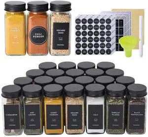 24 Glass Spice Jars with 576 Labels-Spice Jars with Black Metal Caps, 4oz Empty Square Spice Containers with Shaker Lids, Funnel, Pen, Seasoning Bottles for Spice Rack, Drawer, Cabinet 24 Glass Spice Jars with 576 Labels-Spice Jars with Black Metal Caps, 4oz Empty Square Spice Containers with Shaker Lids, Funnel, Pen, Seasoning Bottles for Spice Rack, Drawer, Cabinet