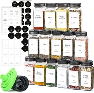 15Pcs 4oz Glass Spice Jars with Shaker Lids, 93 Labels, a Handy Funnel, a Pepper Grinder, Empty Spice Containers and Square Spice Bottles for Kitchen and Seasoning 15Pcs 4oz Glass Spice Jars with Shaker Lids, 93 Labels, a Handy Funnel, a Pepper Grinder, Empty Spice Containers and Square Spice Bottles for Kitchen and Seasoning