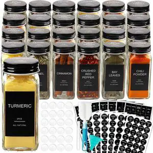 24 Pcs Glass Spice Jars with 398 Labels, 4oz Empty Square Spice Containers Seasoning Bottles - Shaker Lids, Funnel, Brush and Marker Included(Black Metal Caps) 24 Pcs Glass Spice Jars with 398 Labels, 4oz Empty Square Spice Containers Seasoning Bottles - Shaker Lids, Funnel, Brush and Marker Included(Black Metal Caps)