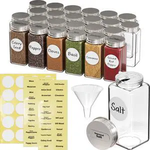Spice Jars 4 Ounce Square Glass Bottles with Shaker Lids, Funnel and Labels for Seasoning & Storage, 24 Pack Spice Jars 4 Ounce Square Glass Bottles with Shaker Lids, Funnel and Labels for Seasoning & Storage, 24 Pack