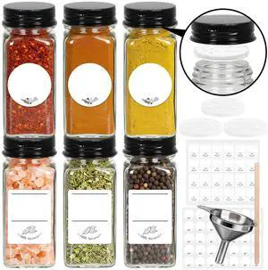 6-Pack Square Glass Spice Jars with Labels (4oz) | Spice Containers with Black Lids | Includes 60 Labels, Metal Funnel, Extra Shaker Lids & Stirring Stick for Kitchen Seasoning Organization 6-Pack Square Glass Spice Jars with Labels (4oz) | Spice Containers with Black Lids | Includes 60 Labels, Metal Funnel, Extra Shaker Lids & Stirring Stick for Kitchen Seasoning Organization
