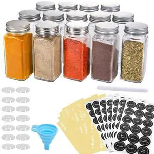 14 Pcs Glass Spice Jars with Spice Labels - 4oz Empty Square Spice Bottles - Shaker Lids and Airtight Metal Caps - Chalk Marker and Silicone Collapsible Funnel Included 14 Pcs Glass Spice Jars with Spice Labels - 4oz Empty Square Spice Bottles - Shaker Lids and Airtight Metal Caps - Chalk Marker and Silicone Collapsible Funnel Included