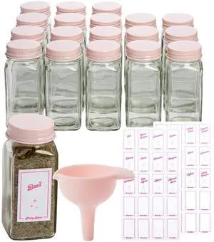 Glass Spice Jar Storage Set, 4-Ounce Empty Spice Jars with Labels, Shaker Caps and Metal Lids, Collapsible Funnel Included, 20-Piece, Pink Glass Spice Jar Storage Set, 4-Ounce Empty Spice Jars with Labels, Shaker Caps and Metal Lids, Collapsible Funnel Included, 20-Piece, Pink