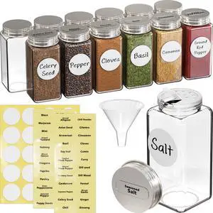 Spice Jars 4 Ounce Square Glass Bottles with Shaker Lids, Funnel and Labels for Seasoning & Storage, 12 Pack Spice Jars 4 Ounce Square Glass Bottles with Shaker Lids, Funnel and Labels for Seasoning & Storage, 12 Pack