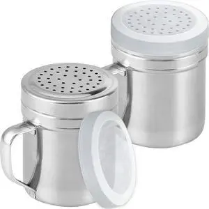 Metal Salt Pepper Dredge Shakers - With Handle - Seasonings Spice Shakers With Holes and Lids - 10 Ounce, 2pcs | Style: Medium Metal Salt Pepper Dredge Shakers - With Handle - Seasonings Spice Shakers With Holes and Lids - 10 Ounce, 2pcs | Style: Medium