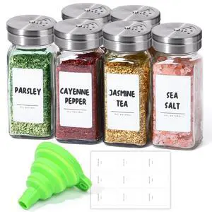 Glass Spice Jars with Shaker Lids 4 oz 6 Pack Square | Labels, Seasoning Herbs Powders, Salt Pepper Chili, Spice Rack Organization, Kitchen Cabinet Storage, Funnel Included Glass Spice Jars with Shaker Lids 4 oz 6 Pack Square | Labels, Seasoning Herbs Powders, Salt Pepper Chili, Spice Rack Organization, Kitchen Cabinet Storage, Funnel Included
