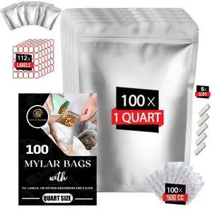 100pcs Quart Mylar Bags with 100 x 500cc Oxygen Absorbers-112 Labels & 10 MIL Thick Stand-Up Reusable Airtight Resealable Bags with 5 Clips - Large Mylar Bags For Food Storage 100pcs Quart Mylar Bags with 100 x 500cc Oxygen Absorbers-112 Labels & 10 MIL Thick Stand-Up Reusable Airtight Resealable Bags with 5 Clips - Large Mylar Bags For Food Storage