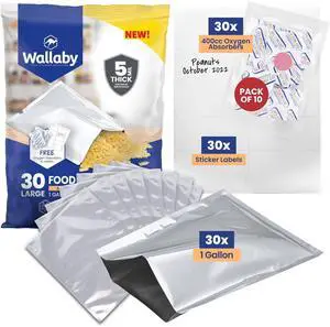 30 Count 1-Gallon Mylar Bags with 400cc Oxygen Absorbers, 10 Mil Total Thickness Long-Term Food Storage Pouches, 10x14 Heat-Sealable Airtight Packaging - Silver 30 Count 1-Gallon Mylar Bags with 400cc Oxygen Absorbers, 10 Mil Total Thickness Long-Term Food Storage Pouches, 10x14 Heat-Sealable Airtight Packaging - Silver
