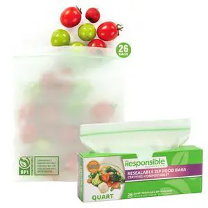 Certified Compostable QUART Resealable Zip Bag, Extra Strength Food Bags, Plant-Based Freezer-Safe (26 Pack) Certified Compostable QUART Resealable Zip Bag, Extra Strength Food Bags, Plant-Based Freezer-Safe (26 Pack)