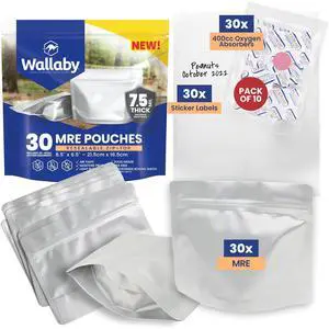 30 Count MRE Mylar Bags with 400cc Oxygen Absorbers, 15 Mil Total Thickness Long-Term Food Storage Pouches, 6.5x8.5 Stand-Up Zipper Heat-Sealable Airtight Packaging - Silver 30 Count MRE Mylar Bags with 400cc Oxygen Absorbers, 15 Mil Total Thickness Long-Term Food Storage Pouches, 6.5x8.5 Stand-Up Zipper Heat-Sealable Airtight Packaging - Silver