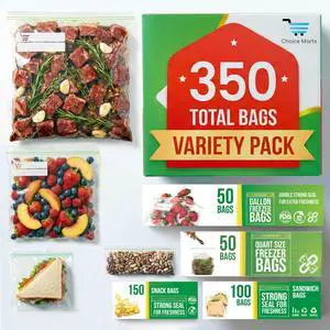 Baggies Variety Size Pack 350 Count Food Storage Variety Pack with 50 Gallon Freezer Bags, 50 Quart Freezer Bags, 100 Sandwich Bags & 150 Snack Bags Heavy Duty Resealable Freezer Storage Bags Baggies Variety Size Pack 350 Count Food Storage Variety Pack with 50 Gallon Freezer Bags, 50 Quart Freezer Bags, 100 Sandwich Bags & 150 Snack Bags Heavy Duty Resealable Freezer Storage Bags