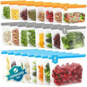 Dishwasher Safe Reusable Storage Bags Stand Up - BPA Free Reusable Sandwich Bags - Leakproof Gallon Freezer Bags for Marinate Meats, Salad Fruit - Multicolor 8 Large+ 8 Sandwich + 8 Snack Bags Dishwasher Safe Reusable Storage Bags Stand Up - BPA Free Reusable Sandwich Bags - Leakproof Gallon Freezer Bags for Marinate Meats, Salad Fruit - Multicolor 8 Large+ 8 Sandwich + 8 Snack Bags