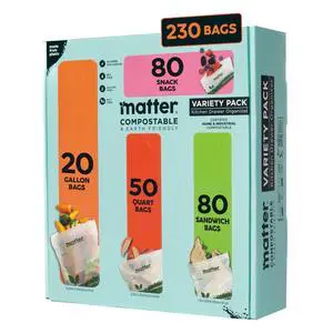 Compostable Assorted Kitchen Bags, 230 Count, Biodegradable, Eco-Friendly Resealable Food Storage Variety Pack, 80 Snack, 80 Sandwich, 50 Quart & 20 Gallon Compostable Assorted Kitchen Bags, 230 Count, Biodegradable, Eco-Friendly Resealable Food Storage Variety Pack, 80 Snack, 80 Sandwich, 50 Quart & 20 Gallon