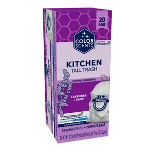 Tall Kitchen Trash Bags - 13 Gallon, 20 Bags (1 Pack of 20 Bags), Drawstring - White bag in Lavender + Sage Scent with Microban Tall Kitchen Trash Bags - 13 Gallon, 20 Bags (1 Pack of 20 Bags), Drawstring - White bag in Lavender + Sage Scent with Microban