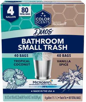 Small Trash Bags - 4 Gallon, 80 Total Bags (2 Rolls of 40 Count), Twist Tie Duos (2 unique scent + color combinations) with Microban Small Trash Bags - 4 Gallon, 80 Total Bags (2 Rolls of 40 Count), Twist Tie Duos (2 unique scent + color combinations) with Microban