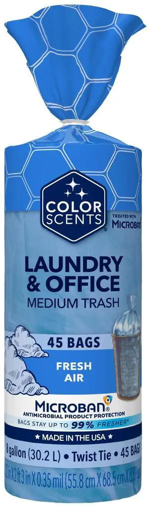 Medium Trash Bags - 8 Gallon, 45 Bags (1 Pack of 45 Bags) Twist Tie - Blue in Fresh Air Scent with Microban Medium Trash Bags - 8 Gallon, 45 Bags (1 Pack of 45 Bags) Twist Tie - Blue in Fresh Air Scent with Microban
