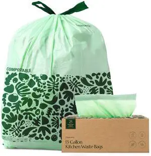 Compostable* Trash Bags with Drawstring (13 Gallon, 25 Units, Tall), BPI Certified For Kitchen Compost Compostable* Trash Bags with Drawstring (13 Gallon, 25 Units, Tall), BPI Certified For Kitchen Compost