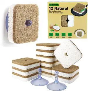 12Pack Natural Kitchen Scrub Dish Sponge with Suction Hanger Biodegradable Compostable Cellulose and Coconut Non-Scratch Sponge for Kitchen, Bathroom, Household (White-12) 12Pack Natural Kitchen Scrub Dish Sponge with Suction Hanger Biodegradable Compostable Cellulose and Coconut Non-Scratch Sponge for Kitchen, Bathroom, Household (White-12)