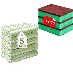 3 Kitchen Sponges+ 5 Striped Green Microfiber Cleaning Cloths, Absorbent Lint-Free Reusable for Kitchen Dishes, Quick-Drying Gentle on Surfaces 3 Kitchen Sponges+ 5 Striped Green Microfiber Cleaning Cloths, Absorbent Lint-Free Reusable for Kitchen Dishes, Quick-Drying Gentle on Surfaces