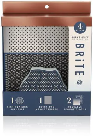 Limited Edition 4-Piece Scrub and Wipe Collection with 1 Rich-Foaming Dish Scrubber, 1 Quick-Dry Mesh Scrubber, and 2 Reusable Sponge Cloths Limited Edition 4-Piece Scrub and Wipe Collection with 1 Rich-Foaming Dish Scrubber, 1 Quick-Dry Mesh Scrubber, and 2 Reusable Sponge Cloths
