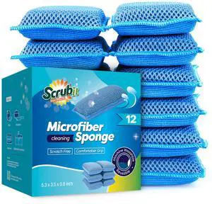 Reusable Sponges for Dishes - 12 Pack Microfiber Sponges Kitchen Dish Scrubber, Machine Washable & Non-Scratch Scrubbers (Blue) Reusable Sponges for Dishes - 12 Pack Microfiber Sponges Kitchen Dish Scrubber, Machine Washable & Non-Scratch Scrubbers (Blue)