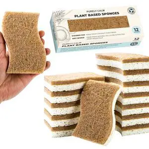 Plant Based Natural Sponge - Pack of 12 Cellulose Sponges, Safe on Non-Stick Cookware, Dual Sided Dish Sponge for Washing Dishes, Kitchen and Household Plant Based Natural Sponge - Pack of 12 Cellulose Sponges, Safe on Non-Stick Cookware, Dual Sided Dish Sponge for Washing Dishes, Kitchen and Household