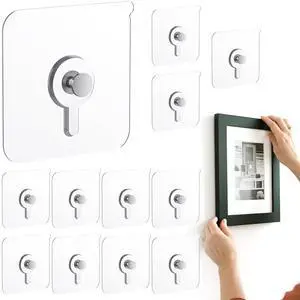 12 Pcs Picture Hangers without Nails, 20 Ibs Load Heavy Duty Self Picture Hanging Hooks for Hanging, Waterproof Adhesive Picture Hooks for Bathroom Kitchen, Transparent Sticky Hooks for Frames 12 Pcs Picture Hangers without Nails, 20 Ibs Load Heavy Duty Self Picture Hanging Hooks for Hanging, Waterproof Adhesive Picture Hooks for Bathroom Kitchen, Transparent Sticky Hooks for Frames