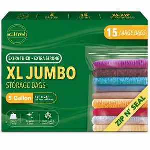 5 Gallon Large Plastic Storage Bags 18" x 24" (15 Count) Reusable XXL Extra Large Clear Jumbo Zip Bags with Sealable Zipper Top For Clothes, Travel, Moving 5 Gallon Large Plastic Storage Bags 18" x 24" (15 Count) Reusable XXL Extra Large Clear Jumbo Zip Bags with Sealable Zipper Top For Clothes, Travel, Moving