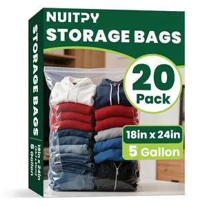 20 Pack Large 5 Gallon Storage Bags with Zipper Top, 18 x 24 inch Zipper Bags, Clear Plastic Bag for Storage, Reusable, Sealable Storage Bag for Clothes, Travel & Moving, Double-sided Thickness 4 Mil 20 Pack Large 5 Gallon Storage Bags with Zipper Top, 18 x 24 inch Zipper Bags, Clear Plastic Bag for Storage, Reusable, Sealable Storage Bag for Clothes, Travel & Moving, Double-sided Thickness 4 Mil