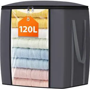 120L Extra Large Clothes Storage Bags, Foldable Blanket Storage and Organization, Thick Fabric Containers with Reinforced Handles & Zippers for Clothing, Comforters, Bedding, Gray, 1 Pack 120L Extra Large Clothes Storage Bags, Foldable Blanket Storage and Organization, Thick Fabric Containers with Reinforced Handles & Zippers for Clothing, Comforters, Bedding, Gray, 1 Pack