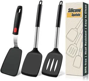 Silicone Spatula Set, Heat Resistant Solid & Slotted Turner for Non-Stick Pans, Silicone Cooking Utensils Set, BPA-Free, Flexible Spatula Turner for Flipping Eggs, Burgers, Pancakes, Black, 3 PCS-A Silicone Spatula Set, Heat Resistant Solid & Slotted Turner for Non-Stick Pans, Silicone Cooking Utensils Set, BPA-Free, Flexible Spatula Turner for Flipping Eggs, Burgers, Pancakes, Black, 3 PCS-A