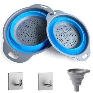 Collapsible Colander Set, Space-Saving Foldable Kitchen Strainer for Pasta, Vegetables & Fruit, Colander for Kitchen with 2 Stainless Steel Hooks & Silicone Funnel Blue Collapsible Colander Set, Space-Saving Foldable Kitchen Strainer for Pasta, Vegetables & Fruit, Colander for Kitchen with 2 Stainless Steel Hooks & Silicone Funnel Blue