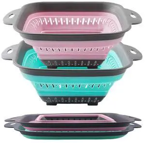 Collapsible Colander Set, Square Round Triangles Silicone Kitchen Strainer Perfect for Draining Pasta Vegetable fruit 2 PCS (10.8"L x 8.6"W x 2"H, Red & Green) Collapsible Colander Set, Square Round Triangles Silicone Kitchen Strainer Perfect for Draining Pasta Vegetable fruit 2 PCS (10.8"L x 8.6"W x 2"H, Red & Green)