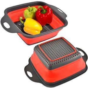 Square Collapsible Colander with Handles Red Square Silicone Kitchen Strainers with Plastic Handles Foldable Kitchen Strainer Perfect for Draining Pasta Vegetable and Fruit Red Square Collapsible Colander with Handles Red Square Silicone Kitchen Strainers with Plastic Handles Foldable Kitchen Strainer Perfect for Draining Pasta Vegetable and Fruit Red