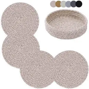 Trivets for Hot Dishes, 4 Pack 7 Inch Cotton Hot Pads for Kitchen with Storage Basket, Round Pot Holders for Kitchen, Heat Resistant Mats for Countertop, Pots and Pans, Farmhouse Decor, Brown Trivets for Hot Dishes, 4 Pack 7 Inch Cotton Hot Pads for Kitchen with Storage Basket, Round Pot Holders for Kitchen, Heat Resistant Mats for Countertop, Pots and Pans, Farmhouse Decor, Brown