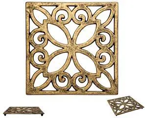 Gold with Black Cast Iron Trivet Square 6.5"×6.5" Rubber Feet Gold with Black Cast Iron Trivet Square 6.5"×6.5" Rubber Feet