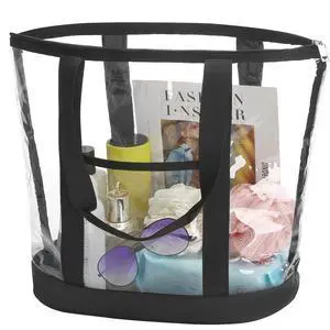 Extra Large Clear Cosmetic Toiletry Makeup Travel Bag, Waterproof Transparent Plastic PVC Tote Shoulder Bag with Handles (BLACK) Extra Large Clear Cosmetic Toiletry Makeup Travel Bag, Waterproof Transparent Plastic PVC Tote Shoulder Bag with Handles (BLACK)
