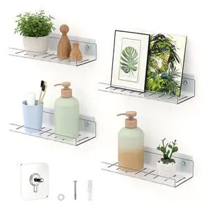 4 Pack Floating Shelves Clear Acrylic/PET Wall-Mounted No Drill Storage with Adhesive, Invisible Bathroom & Bedroom Shelving for Kitchen, Living Room, Transparent Decor 4 Pack Floating Shelves Clear Acrylic/PET Wall-Mounted No Drill Storage with Adhesive, Invisible Bathroom & Bedroom Shelving for Kitchen, Living Room, Transparent Decor