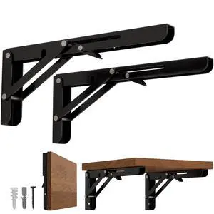 8 inch Folding Shelf Brackets-2 Pack Foldable Heavy Duty Triangle Collapsible Wall Mounted Brackets for Fold Down Table, Space Saving for Bench Table with Screws, Black 8 inch Folding Shelf Brackets-2 Pack Foldable Heavy Duty Triangle Collapsible Wall Mounted Brackets for Fold Down Table, Space Saving for Bench Table with Screws, Black