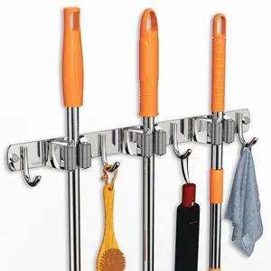 Mop and Broom Holder Wall Mount, Upgraded Broom Organizer Wall Mount, Stainless Steel Broom Hanger Wall Mount for Home Kitchen Garden Laundry Garage (3 Racks with 4 Hooks) Mop and Broom Holder Wall Mount, Upgraded Broom Organizer Wall Mount, Stainless Steel Broom Hanger Wall Mount for Home Kitchen Garden Laundry Garage (3 Racks with 4 Hooks)