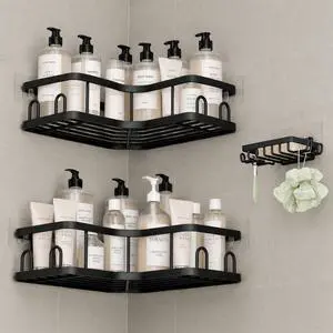 Corner Adhesive Shower Caddy 3-Pack with Soap Holder&Hooks,No Drilling Shower Shelves,Rustproof & Waterproof Bathroom Organizers and Storage,Rack for Small Spaces, Kitchen&Rental-Friendly,Black Corner Adhesive Shower Caddy 3-Pack with Soap Holder&Hooks,No Drilling Shower Shelves,Rustproof & Waterproof Bathroom Organizers and Storage,Rack for Small Spaces, Kitchen&Rental-Friendly,Black