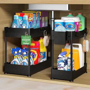 2 Pack Under Sink Organizer, Under Bathroom Cabinet Organizer with Hooks Hanging Cup, Multi-Purpose Storage Shelf for Kitchen Bathroom, Black 2 Pack Under Sink Organizer, Under Bathroom Cabinet Organizer with Hooks Hanging Cup, Multi-Purpose Storage Shelf for Kitchen Bathroom, Black